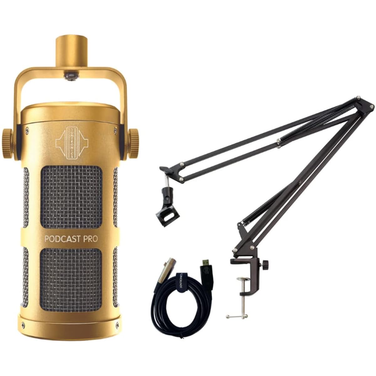 SONTRONICS Super Cardioid Dynamic Microphone for Podcasts PODCAST PRO Stand Set GOLD