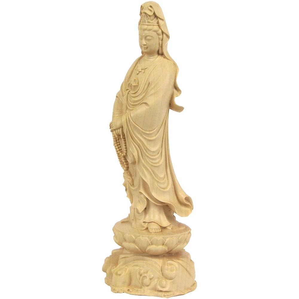 Kurita's special Buddha statue [Bodhisattva] Standing statue of St. Kannon Bodhisattva (total height 23 cm, width 8 cm, depth 7.5 cm) High-quality wood carving made of water boxwood, lotus stand on the wave 8121