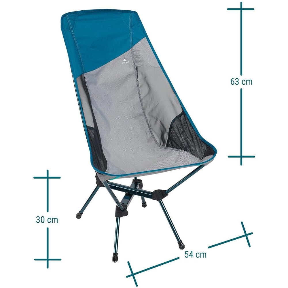 Quechua Decathlon Outdoor Camping Foldable Low Chair Compact Easy to Assemble Nylon Blue MH500 XL Long Backrest Load Capacity 110kg Pocket Included