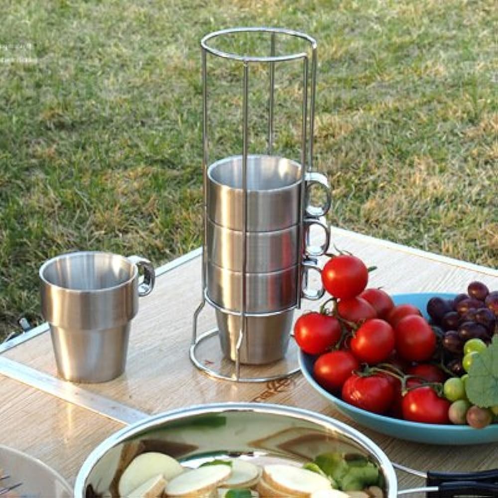 Stainless steel double wall stacking mug set of 4 double wall mesh bag with stand TOKYO GOODS MARKET