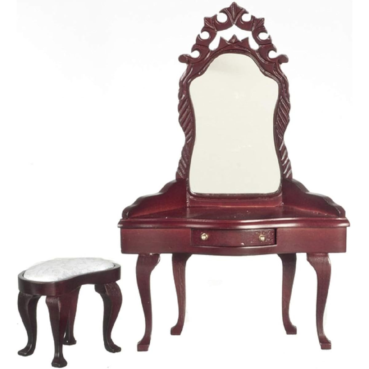 Dollhouse Miniature Bedroom Furniture Mahogany Vanity Dresser and Stool