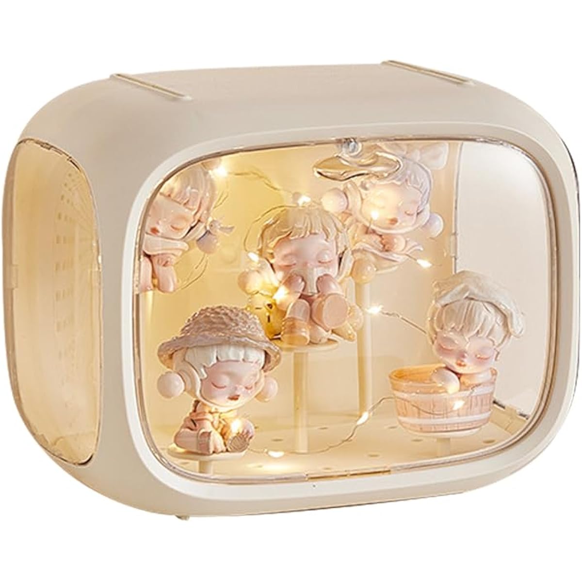 Display Case for Figures with Light, Adjustable Display Stand, Clear Acrylic Display Box with Door, Dustproof and Moisture Proof for Lego Collectibles Action Figures, Popmart (Cream)