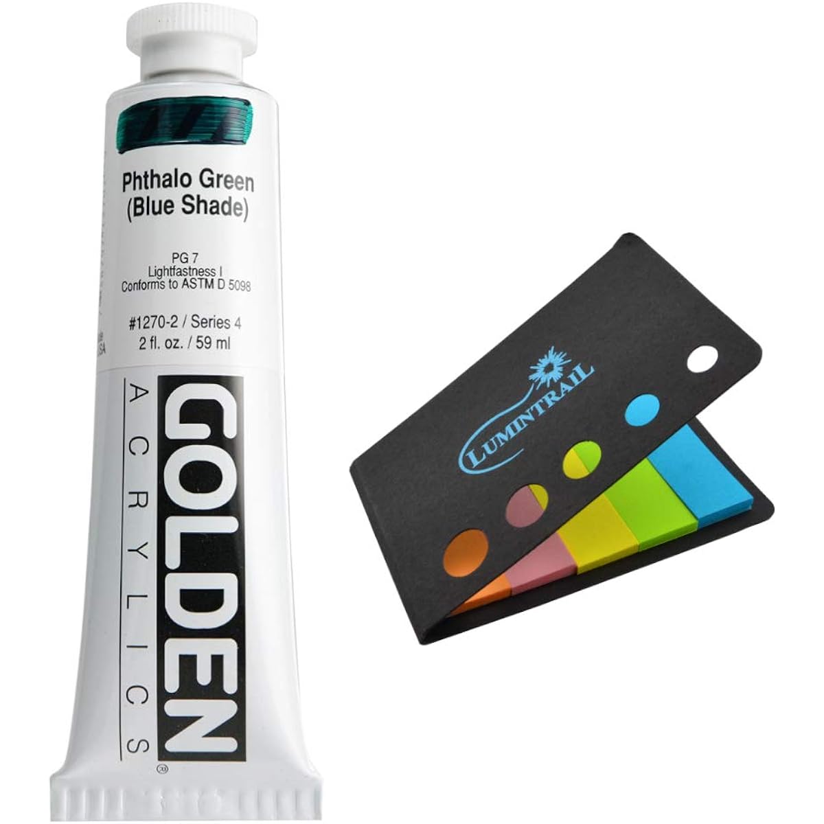 Golden Heavy Body Acrylic - 2oz Tube Bundle Lumin Trail Colored Sticky Note Set (Phthalo Green (Blue Shade), 2oz Tube)