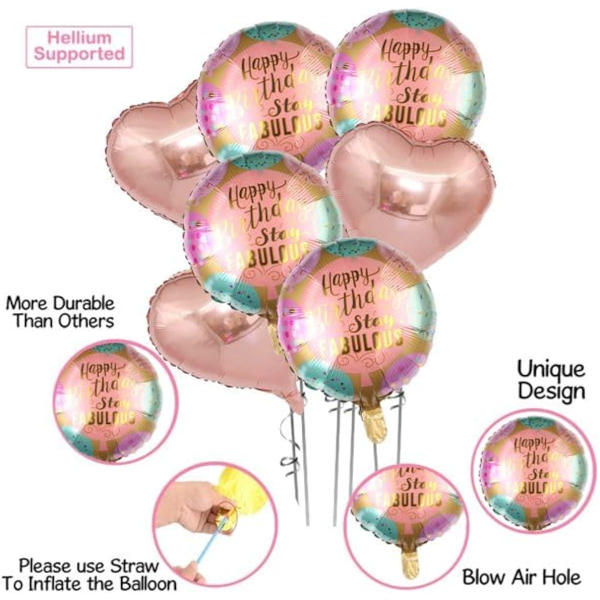 TOYXE Happy Birthday Balloon Bouquet Foil Balloons Pink Black Set of 7