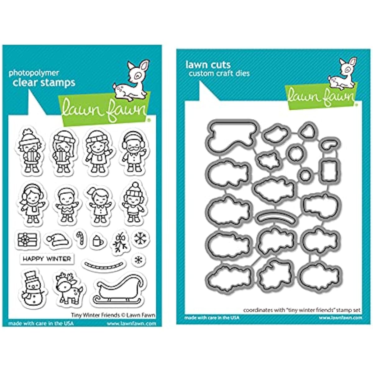 Lawn Fawn Tiny Winter Friends 3" x 4" Clear Stamp Set and Matching Lawn Mowing Dies Set of 2 (LF2678, LF2679)