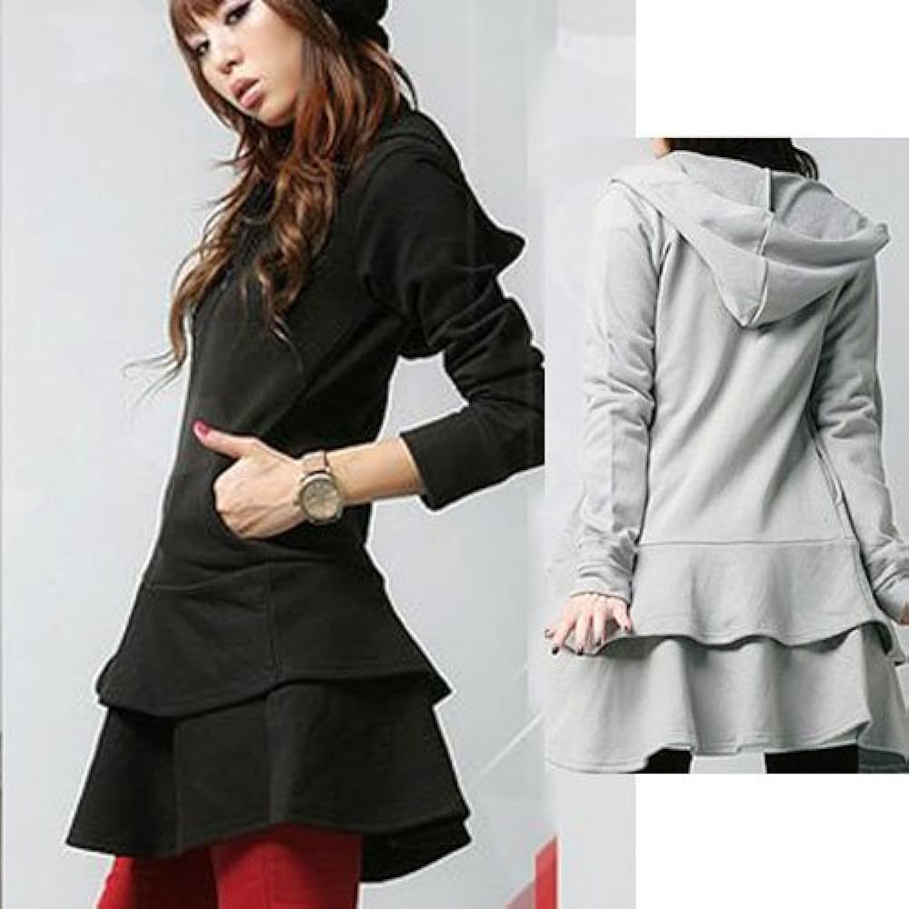 [Gold Japan] Large Size Women's Long Length Parka Dress Ruffles 2 Tier Ruffles Flare Skirt Flare Plain Simple Sporty Casual Black Gray Black Gray Black Gray