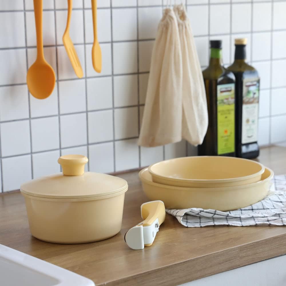 IH Compatible Frying Pan Lid 5 Piece Set Ceramic 6 Layer Coating Color Pan 18-26cm Removable Handle Household Pot Set for Living Alone KITCHEN CHEF Lemon Yellow Color