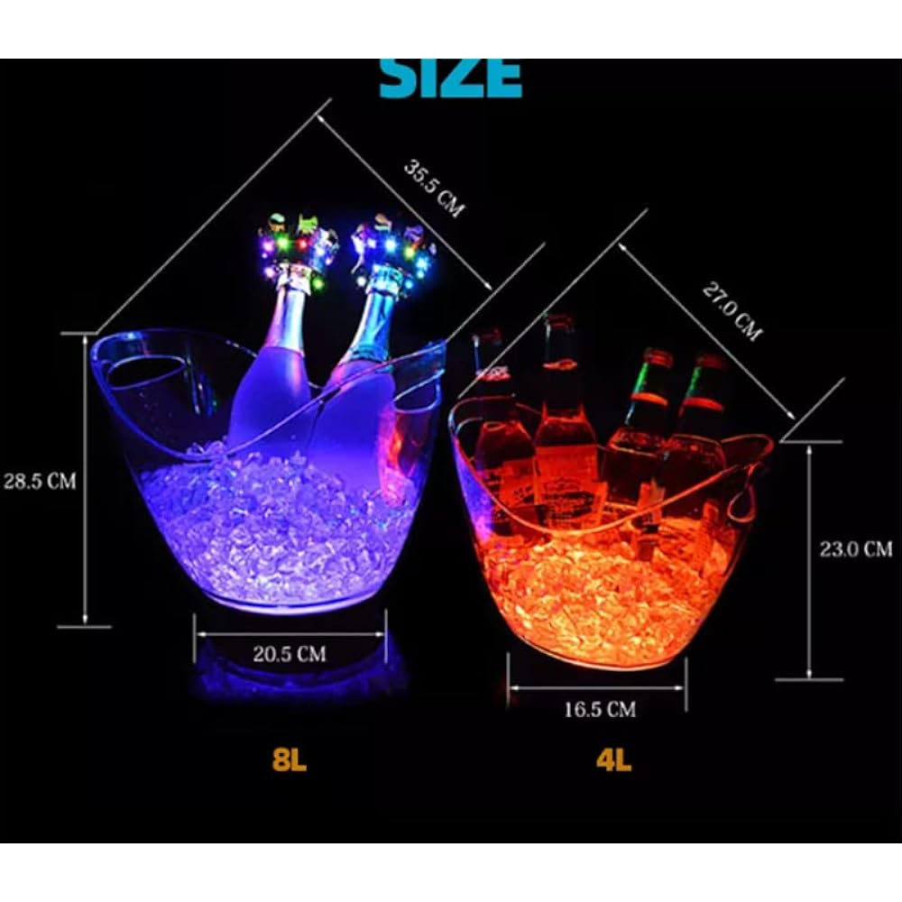 8L Transparent LED Luminous Ice Cube Storage Bucket, Barrel Shape, Bar, Beer, Bottle Cooler, Container, Light Up, Champagne, Wine Hold LED Ice Bucket, Acrylic Luminous Barrel, Rechargeable Luminous ICE Bucket, Champagne, Beer, Ice Bucket (RGB )