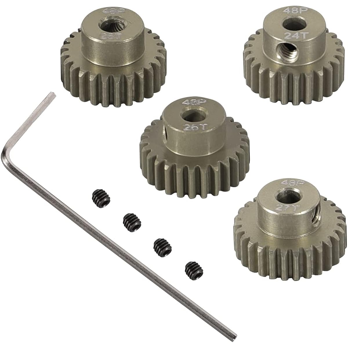 WEISHUJI 48P Pinion Gear Set Hardened 48 Pitch 24T 25T 26T 27T Pinion Gear with Screwdriver 48 Pitch Motor Gear Kit for RC Car (Pack of 4)