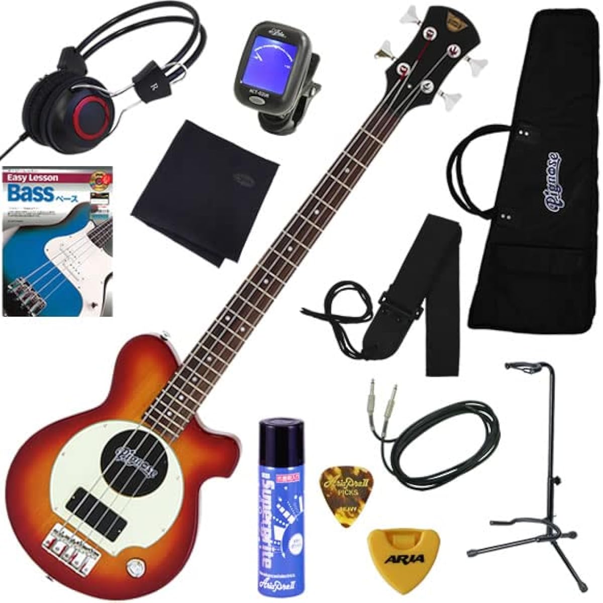 PIGNOSE electric bass guitar with built-in amplifier for beginners, comes with headphones so you can play without worrying about playing at night, complete 12-piece set PGB-200/MBL (metallic blue)