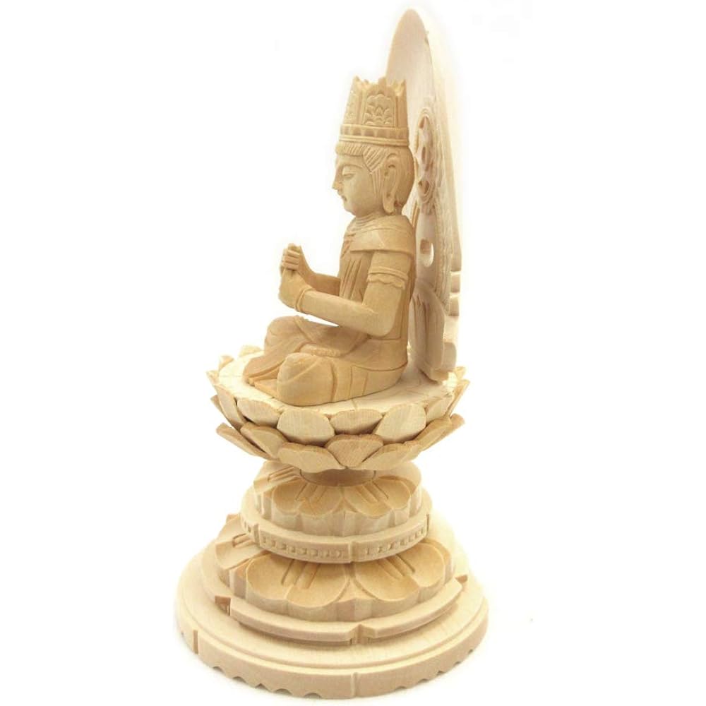 Kurita Specialty Buddha Statue [Tathagata] (Vajra World) Dainichi Nyorai Seated Statue 2.0 dimensions (Total Height 18cm, Width 10cm, Depth 9cm) High quality wood carving made of Japanese cypress, Sunlight halo round stand 5662