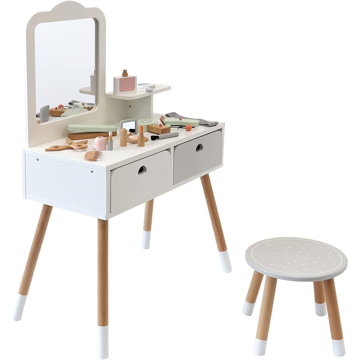 Rocotto Pretend Play Dresser for Children, Made of Wood, Makeup Table, Dressing Table, Chair Included, Tested to Comply with Food Sanitation Law, 17-Piece Set, Pretend Play Toy, Stylish (Dresser Only)