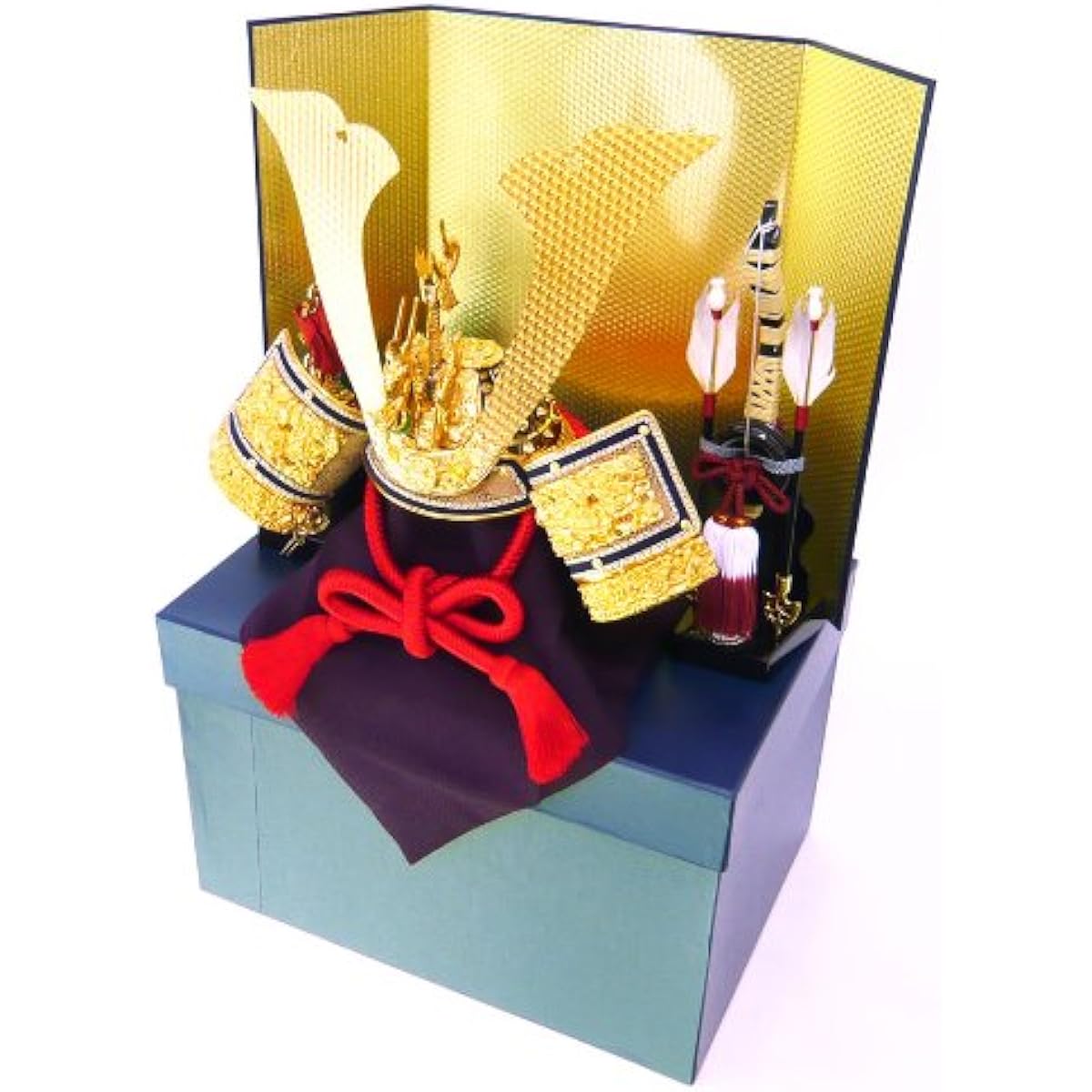 Large 鍬形 mini helmet No. 18, full set with folding screen, bow and sword, and display stand. A fairly large mini helmet decoration set, perfect as a gift or seasonal display.