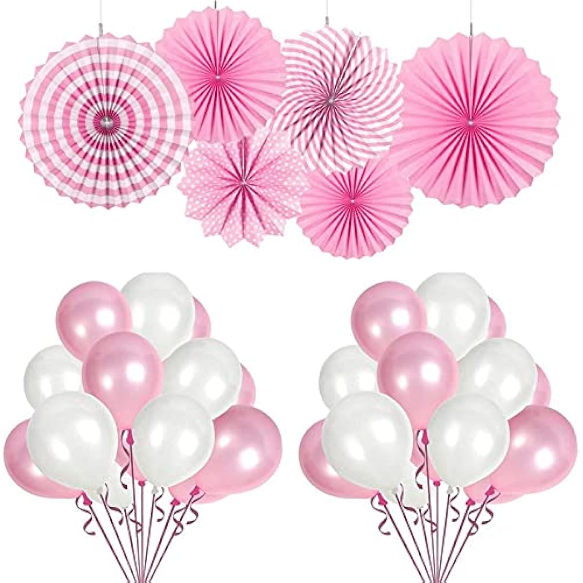 Pop The Party Pink Paper Fan with White and Pink Balloons for Birthday Party Decorations