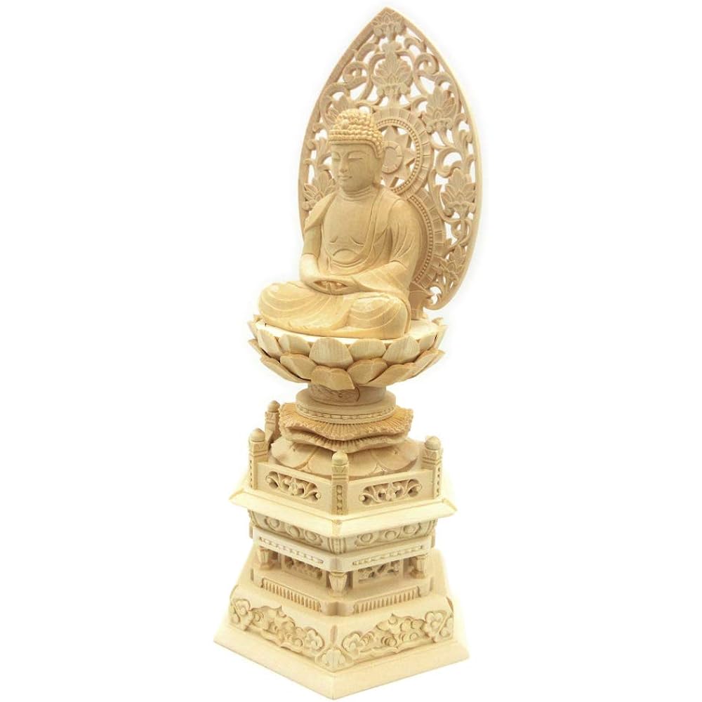 Kurita's special Buddha statue [Tathagata] Amida Nyorai seated statue 2.5 dimensions (total height 29 cm, width 13.5 cm, depth 10 cm) Grass halo Hexagonal stand High quality wood carving made of Japanese cypress 605