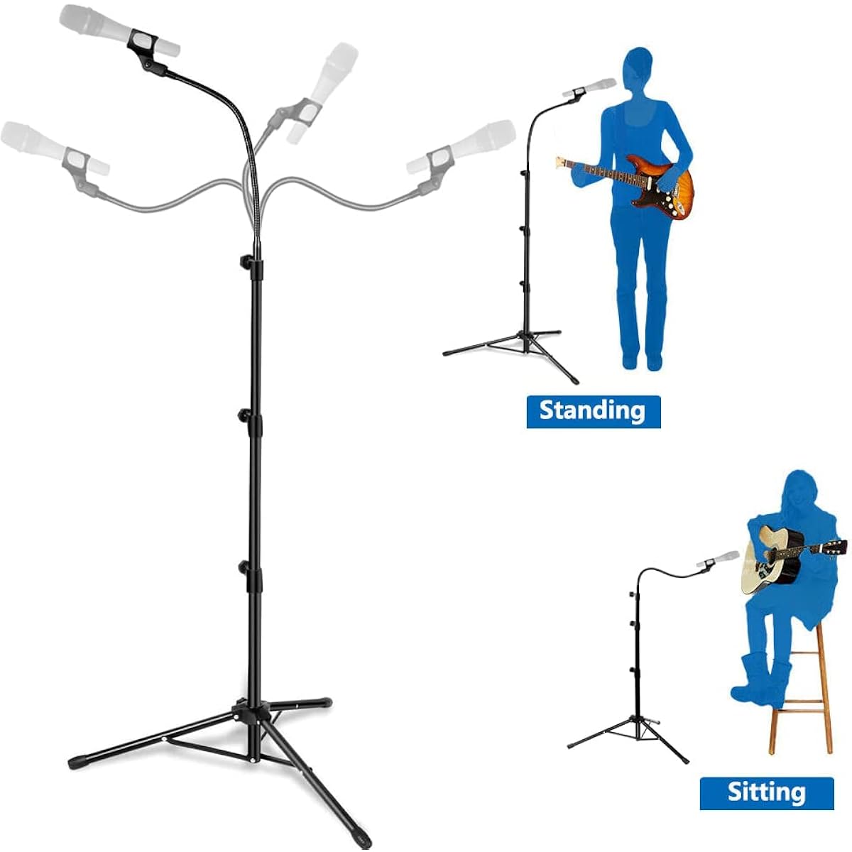 VonSom Microphone Stand Microphone Tripod Height Adjustable Up to 72"/183cm Gooseneck Microphone Stand Tripod with Carry Bag Microphone Clip with Cell Phone Holder Black