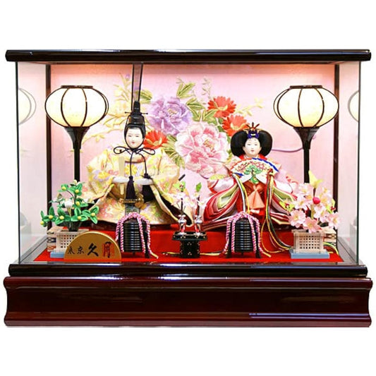 Hina dolls by Kyugetsu "Yorokobi Hina" two princes and princesses, displayed in a glass case
