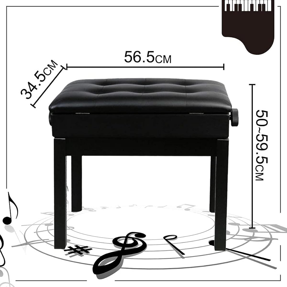 Piano Chair Piano Bench Leather with Sheet Music Storage Bench Height Adjustable Stepless Screw Lift with PU Leather Padded Seat Solid Hardwood Construction Width 56cm Depth 35cm Electronic Piano Chair (White)