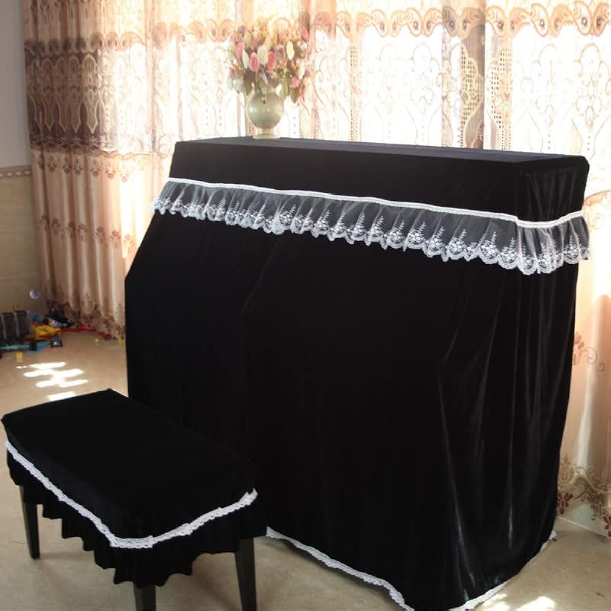 Piano cover and chair cover set, velour with lace frills, classical, full cover (black)