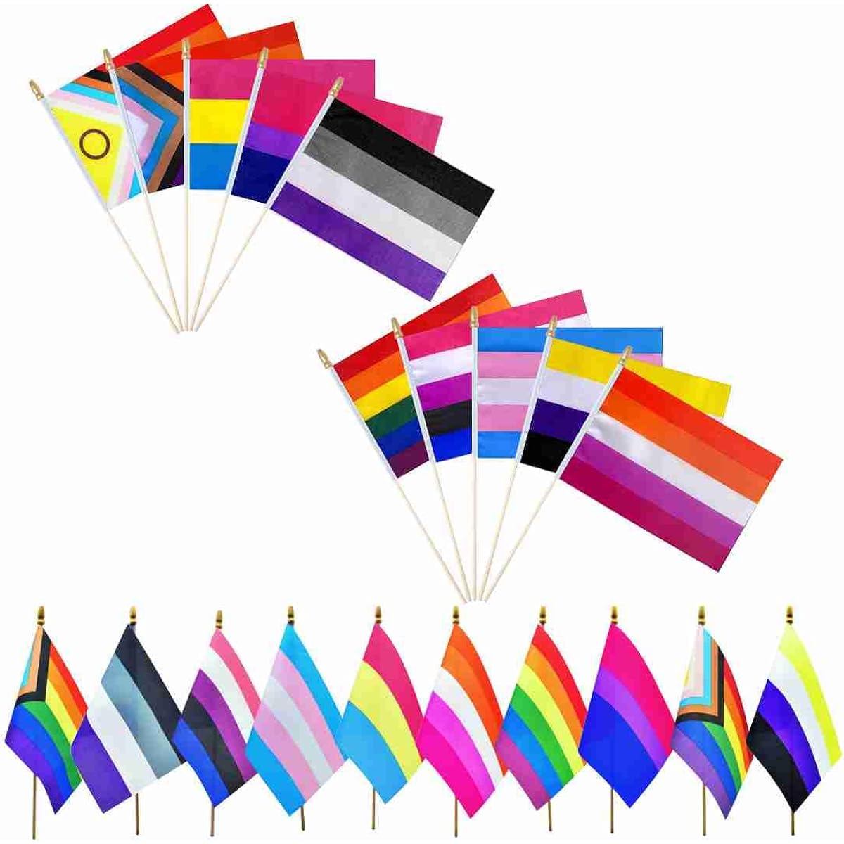 XCFH Pride Rainbow Small Stick Flags All Mini Handheld LGBTQ Flags 20 Pack 5x8 Inch