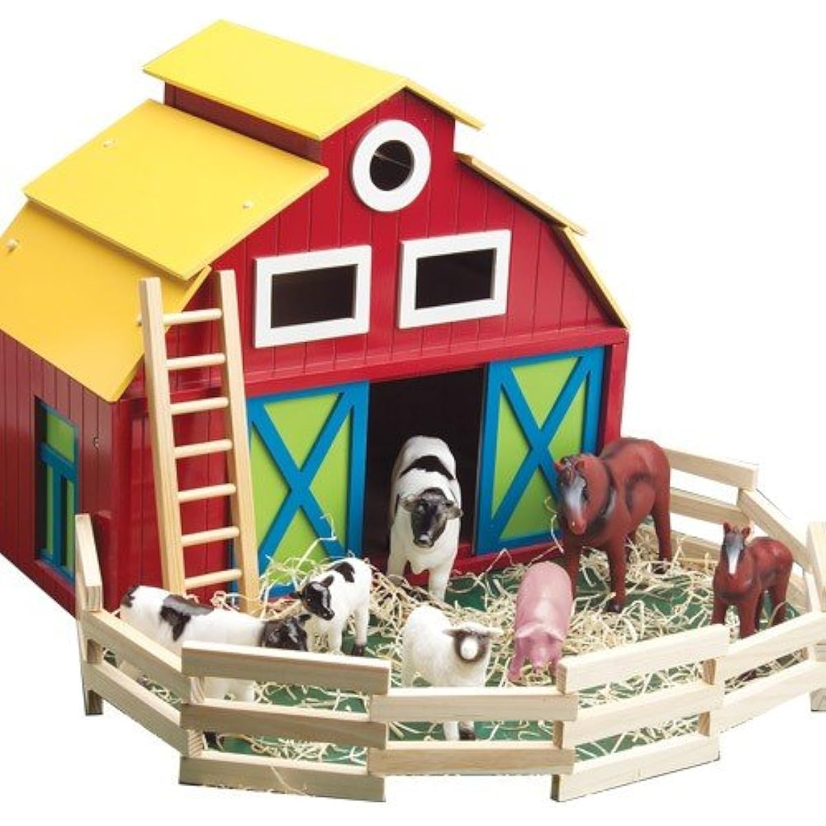Constructive Playthings Large Wooden Farm Animal Barn Playset with 7 Extra Large Farm Animals Ages: Kindergarten to 3rd Grade