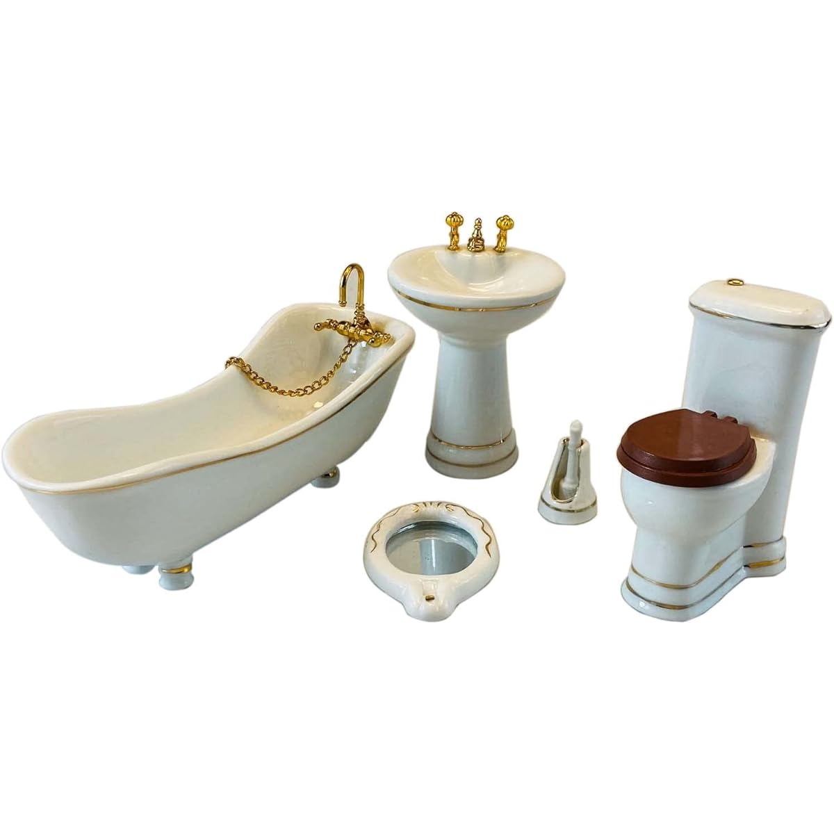 Dollhouse Bathroom Set Ceramic Bathtub Toilet Washbasin 5 Pieces Miniature Hobby Craft Porcelain Furniture 1:12 Dollhouse White Brush Stand Mirror Decoration Accessories