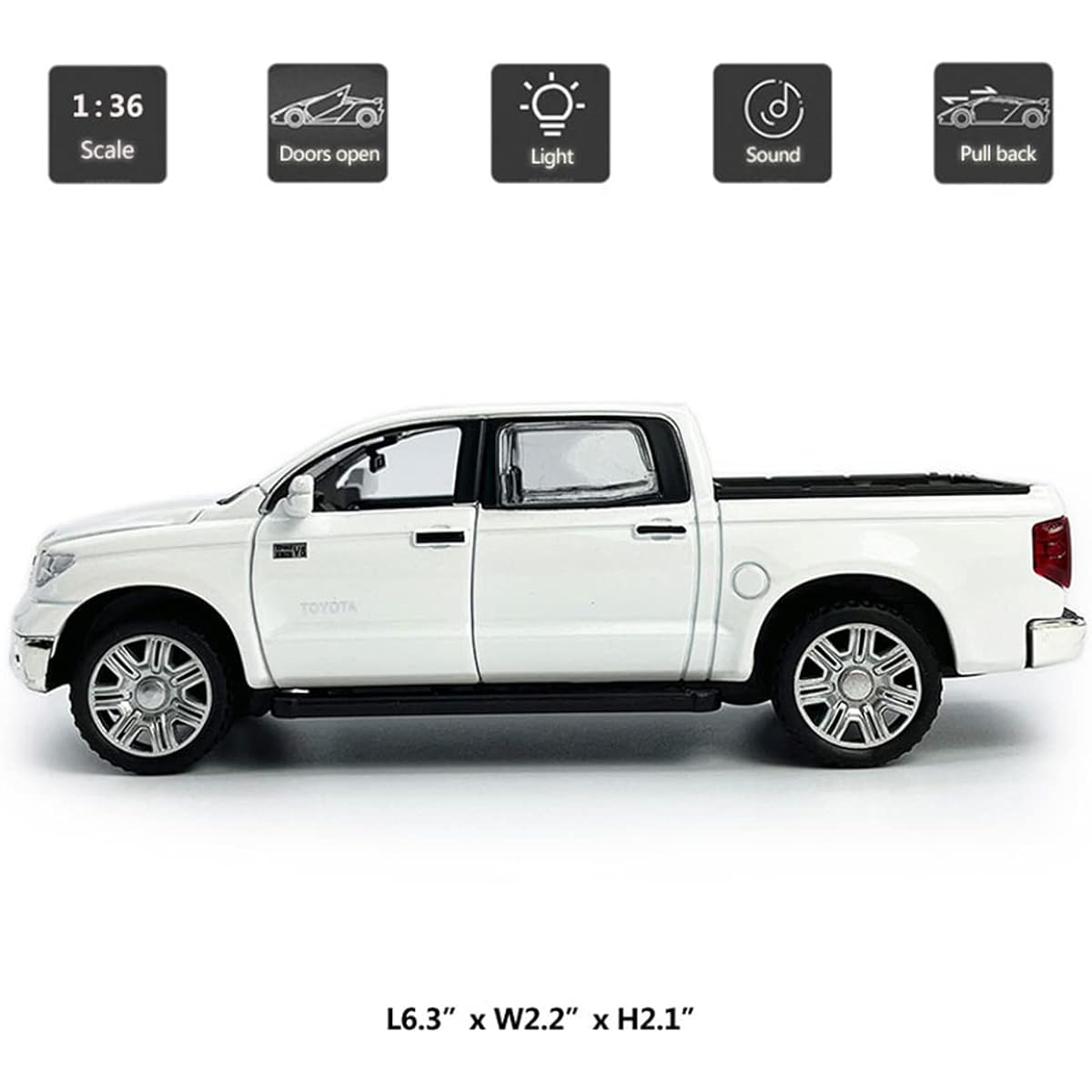 Toy Trucks for Boys Tundra Diecast Model Car Pickup Truck Toy Car 1/36 Scale Metal Pull Back Car Doors Open Light Sound Kids 3-8 Years Old Birthday Gift Men's Collection White