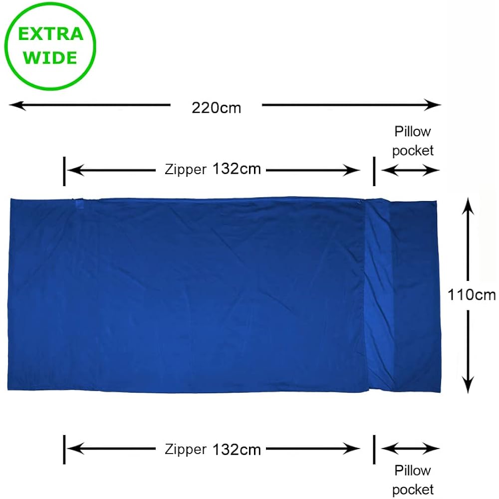 BROWINT silk/cotton travel sheet with double zipper, hotel specification (220cm x 110cm), extra wide sleep sack, lightweight sleeping bag liner for camping
