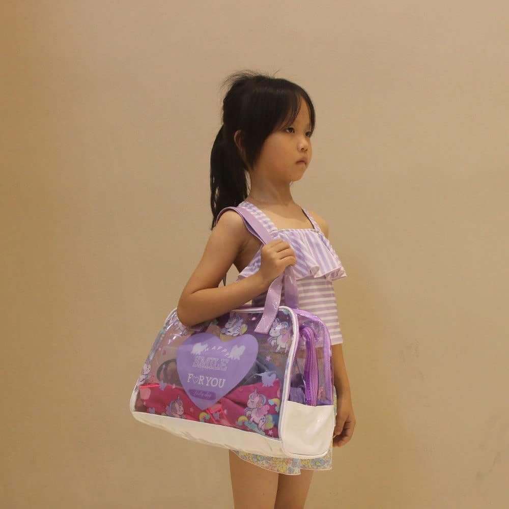 Pool Bag Boston for Girls Boys Kindergarten Elementary School Students Boston Bag Beach Bag Swim Bag Zipper Stylish Princess Dinosaur (Heart-Purple)