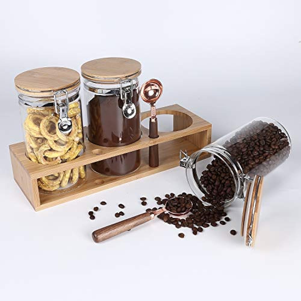 Ken's Kitchen Coffee Bean Storage Container Glass Canister with Lid and Spoon Coffee Beans, Coffee Ground, Nuts, Snacks, Tea, Sweets, Salt, Sugar, Pepper, Pepper, Spices, 1200ML, Set of 3