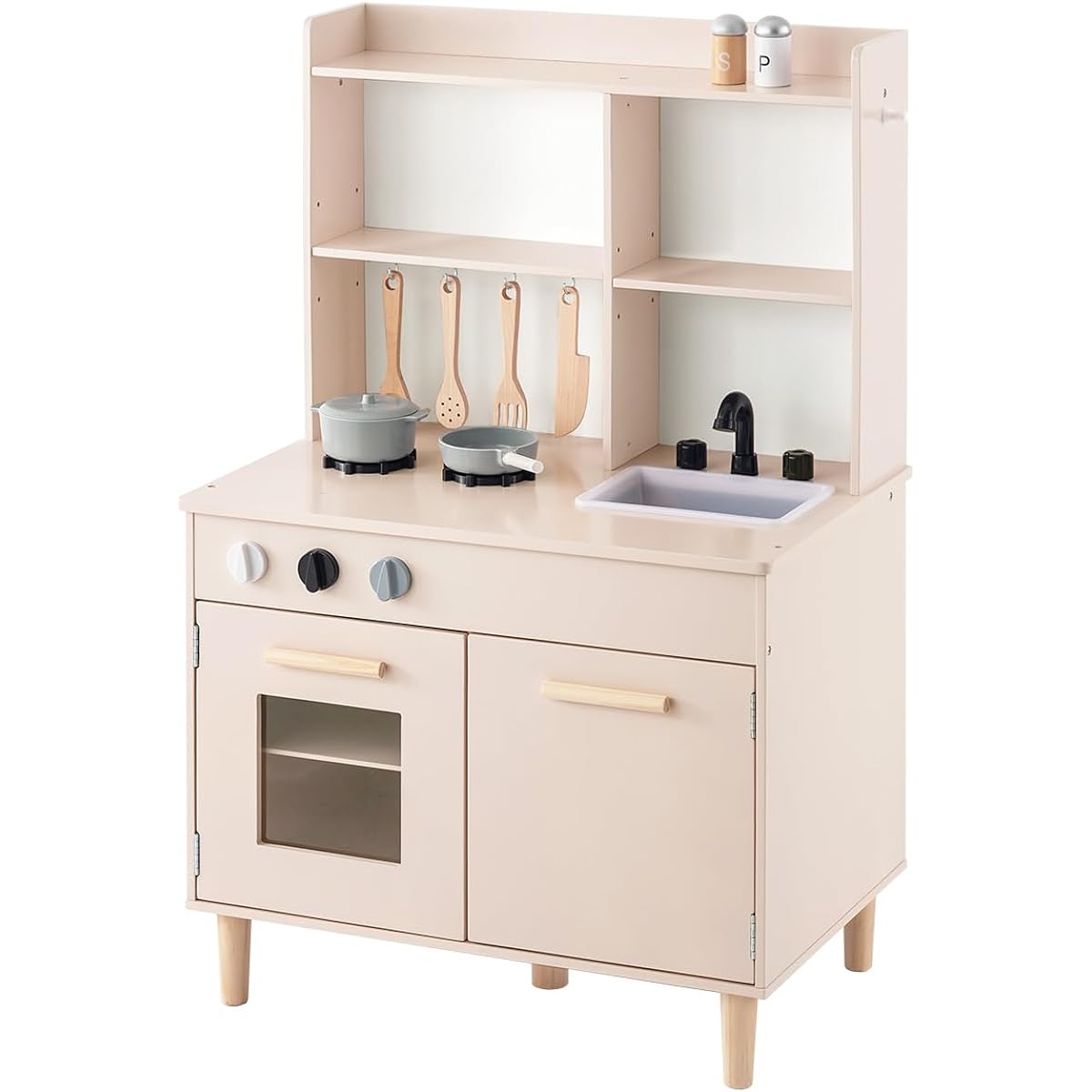 Bon Furniture Pretend Kitchen Wooden Kitchen with Cooking Utensils Educational Toy Pretend Set Mini Kitchen 2WAY Cabinet Toy Kitchen Gift Pink