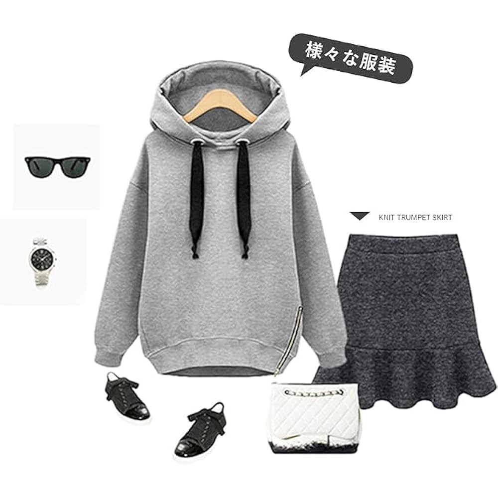 [Tiernyueth] Women's Parka, Sweatshirt, Lace-up, Zip, Side Slit, Long Sleeve, Top, Plain Puff Sleeve, Fleece, Cold Protection, Spring, Autumn, Winter, Stylish, Body Coverage, Simple, Large, Loose, Office, Cute, Pretty, Casual, Commuting