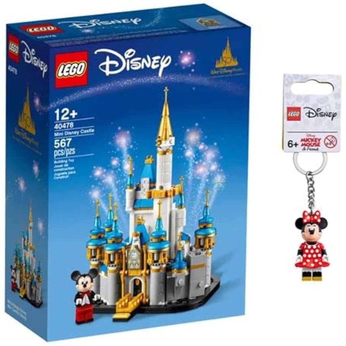 LEGO Disney 50th Anniversary Mini Disney Castle Building Kit + Minnie Mouse Keychain Gift Set (Mini Disney Castle + Minnie Keychain)