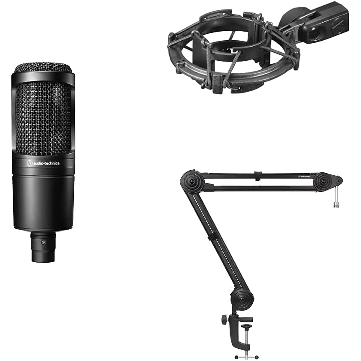Audio-Technica Condenser Microphone AT2020 Black & Shock Mount AT8458a & Boom Arm AT8700J