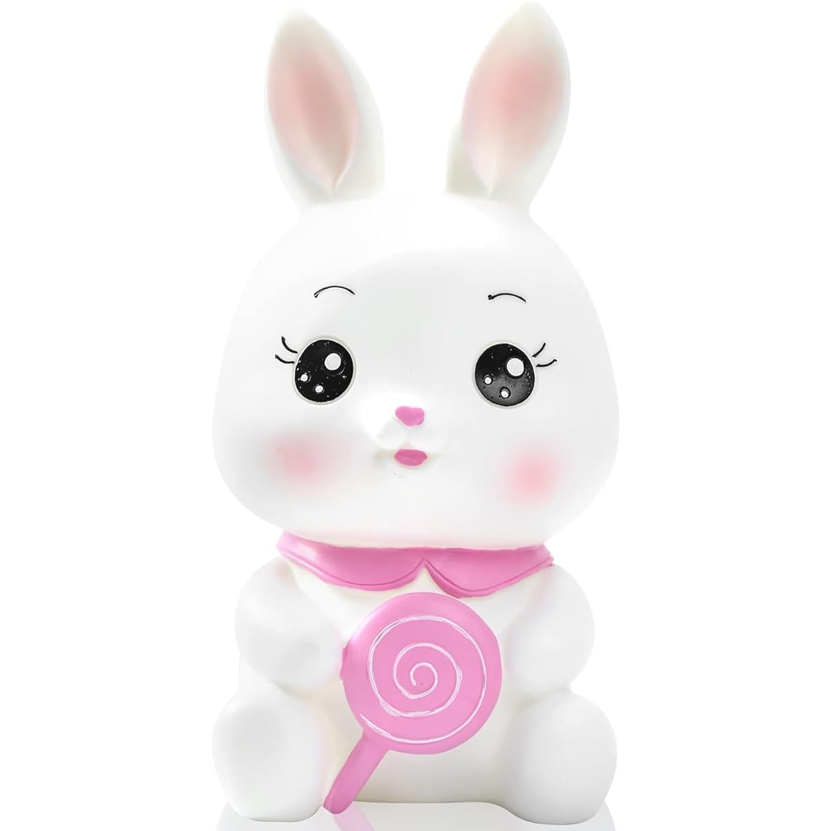 H&W Cute White Bunny Coin Bank with Lollipop, Shatterproof Rabbit Piggy Bank, Creative Money Box, Holds 1000 Coins, Best Bitrthday Gift