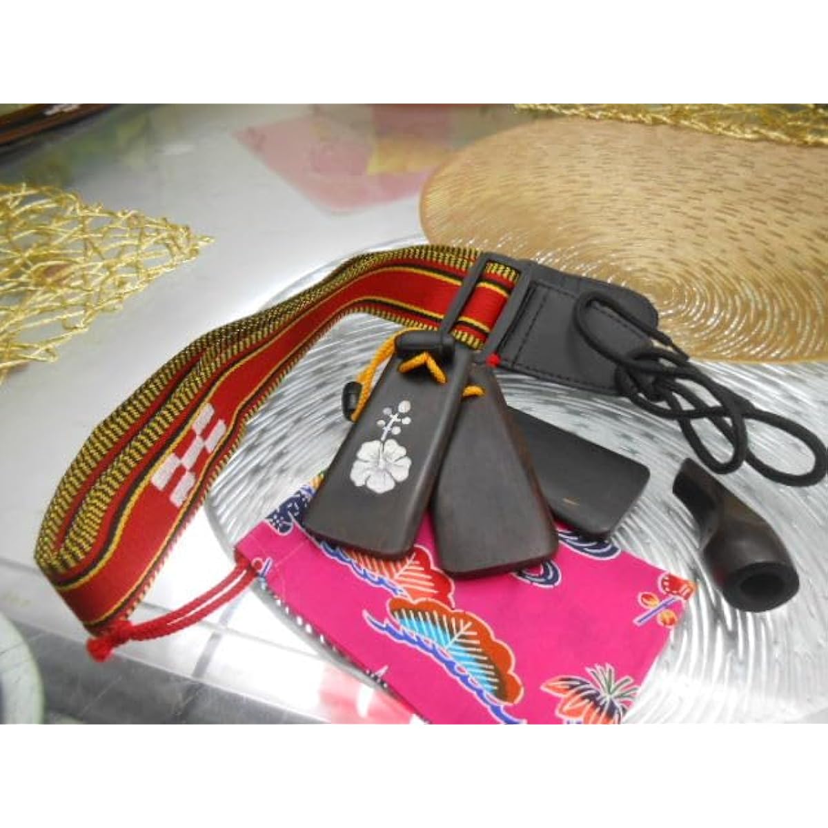 Okinawan sanshin strap, Okinawan musical instrument sanshin, ebony nails