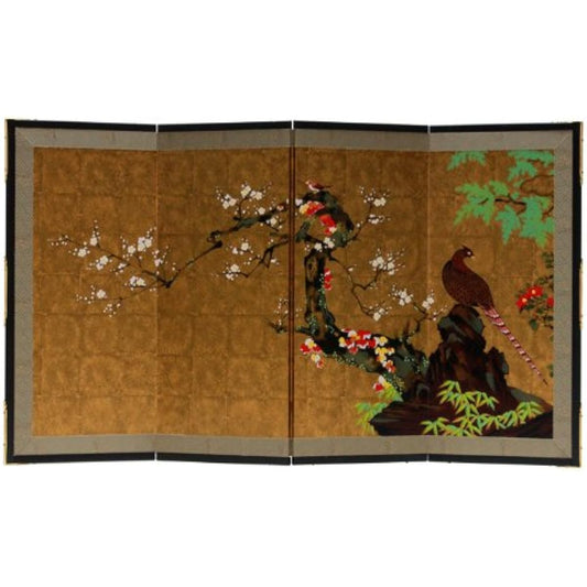Miniature folding screen: Treasure wall painting folding screen - Plum and mountain bird folding screen / Height 34cm