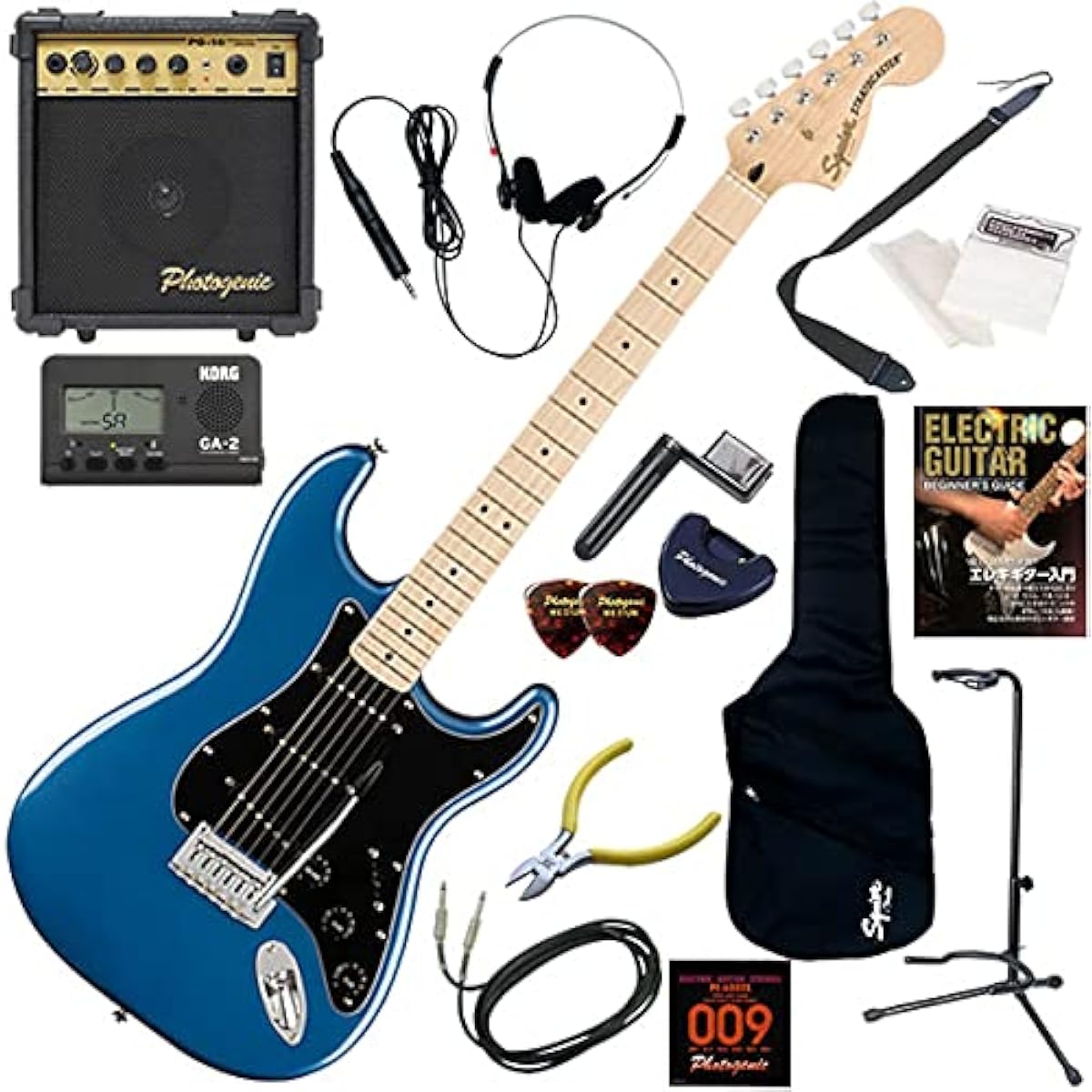 Squier Electric Guitar Beginner's Standard 15-Piece Set with 10W Amp Affinity Stratocaster/LPB (Lake Placid Blue)