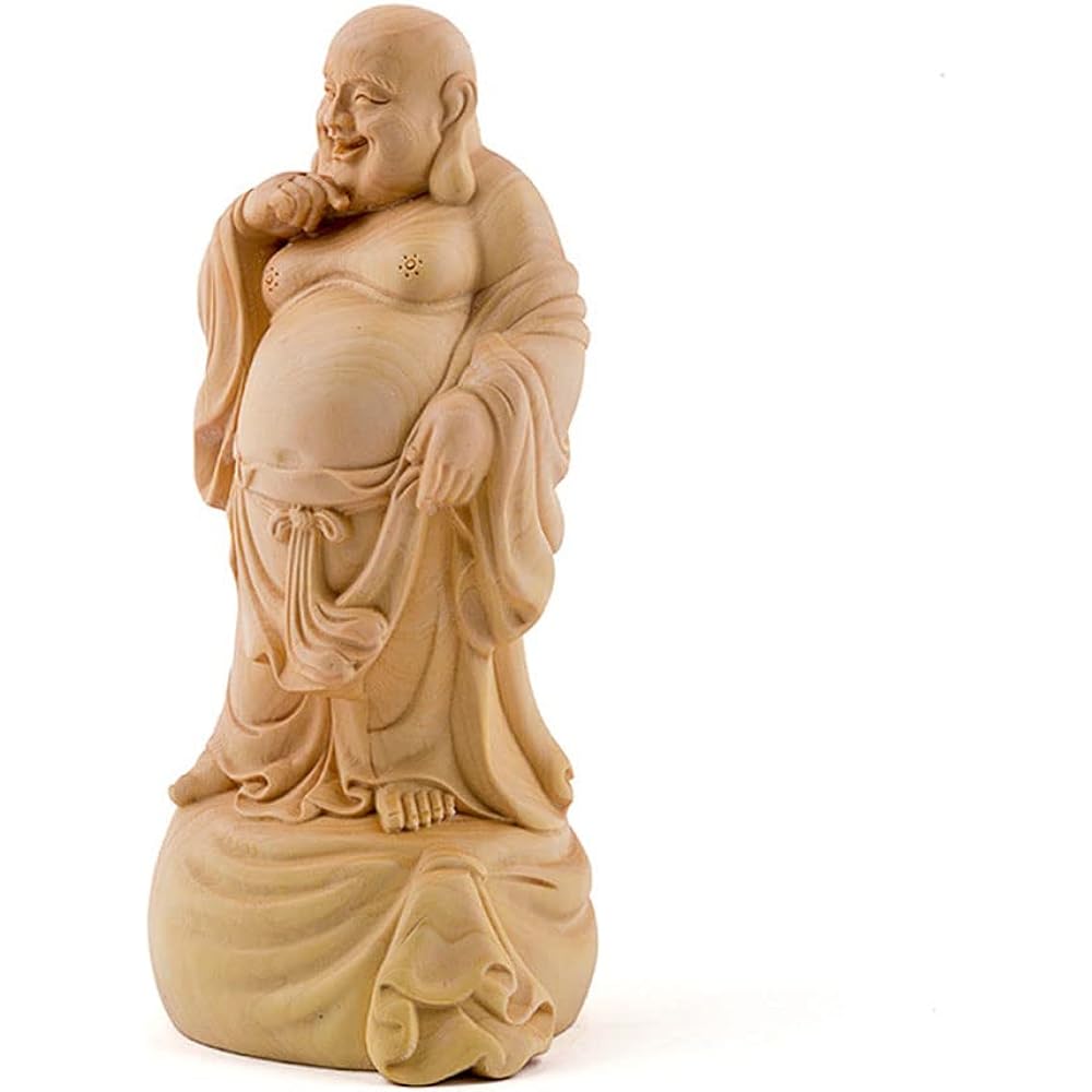Wooden Hotei-sama Shōmon Raifuku Hotei statue High-quality natural boxwood wood carving <Buddha statues, lucky charms, lucky ornaments> Hotei-sama figurine Seven Lucky Gods figurine (Height 12cm x Width 6cm x Depth 5cm)