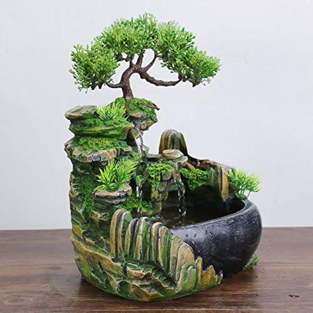 Tabletop Fountain, Desktop Fountain, Mini Waterfall, Resin, Indoor Fountain, Feng Shui, Entrance Figurine, Interior, Stylish, Stylish, Humidifier, Running Water, LED Light Included, Crafts, Good Luck, Decoration, Tabletop Decoration, Suitable for Rooms,