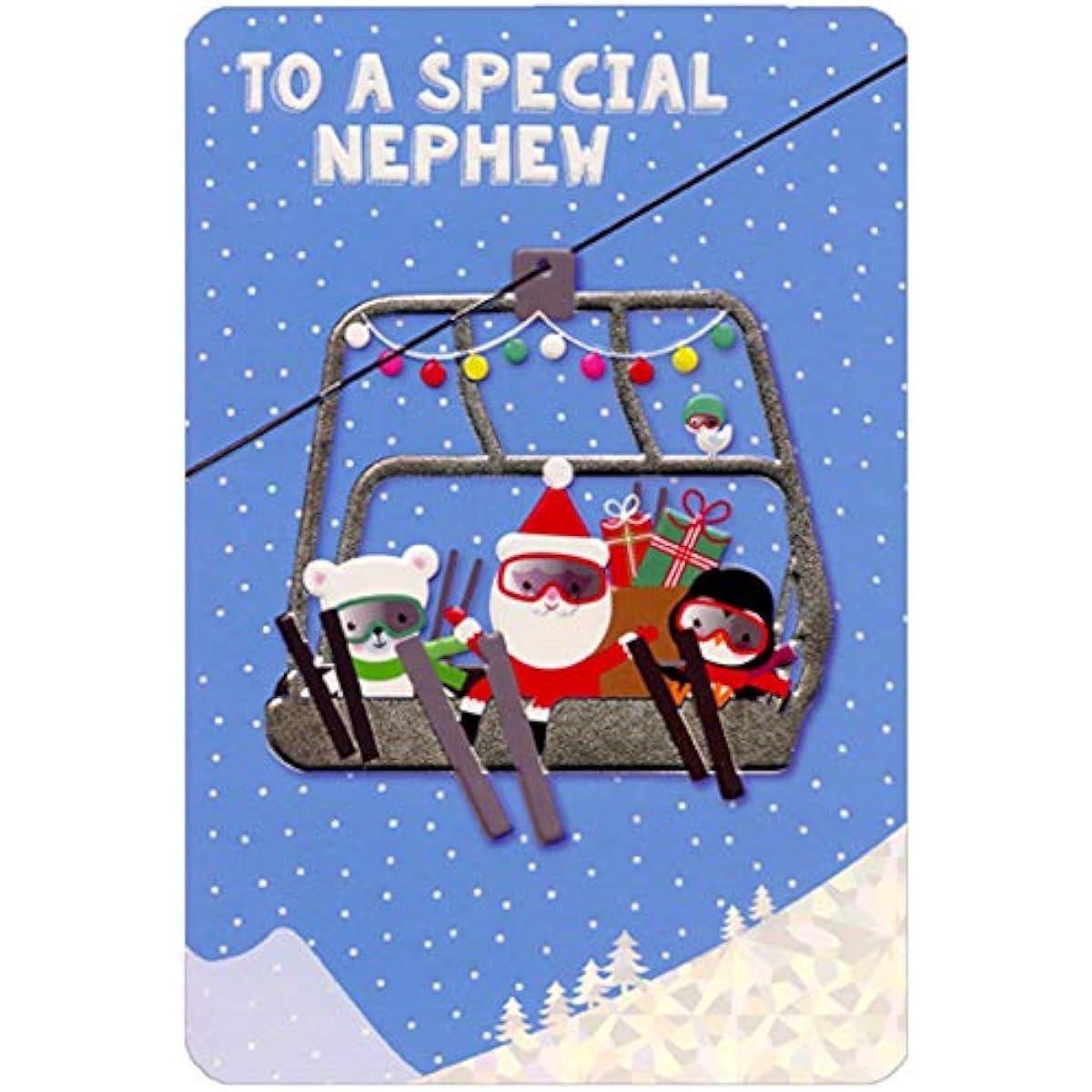 Pictura Ski Lift Santa Polar Bear and Penguin Nephew Christmas Card