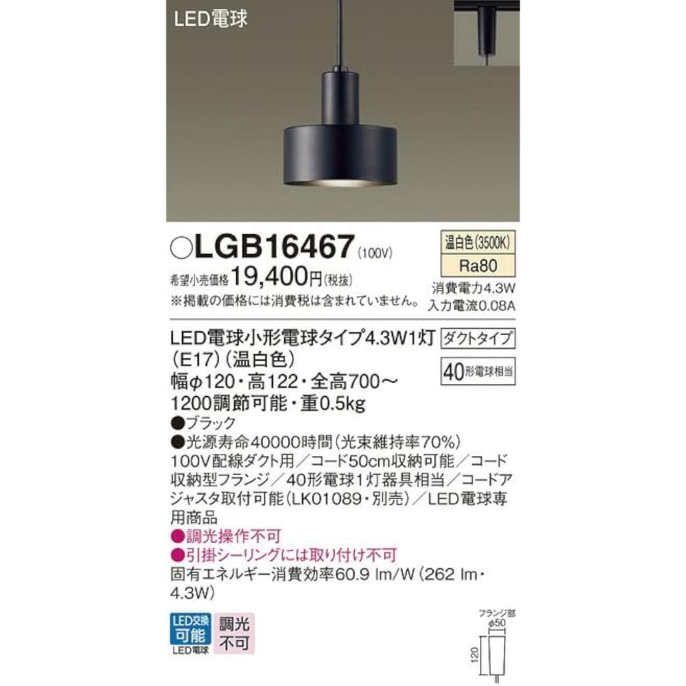 Panasonic Pendant Light Warm White Duct Type 40 Shape Black LGB16467