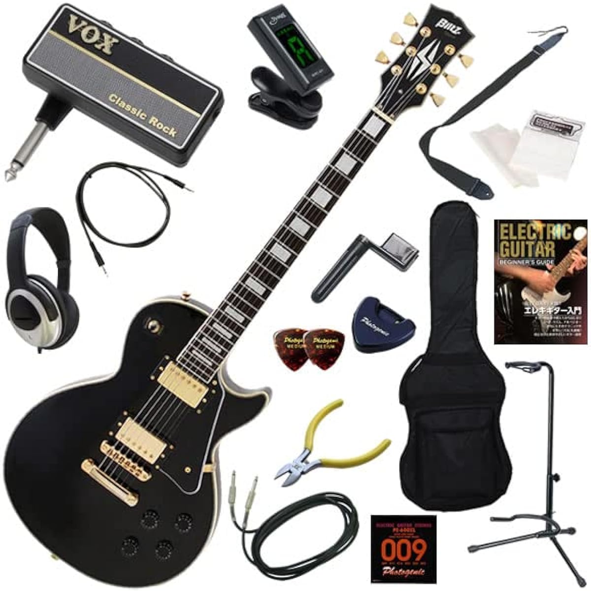 Blitz Electric Guitar Beginner's 16-piece Set Including Headphones, Guitar, and AmPlug2 Amplifier BLP-CST/BK (Black)