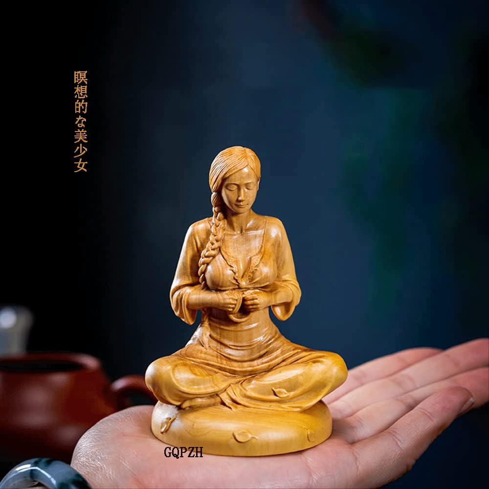Wood carving ornament, meditative sitting beautiful girl statue, high-quality natural boxwood wood carving female statue, wooden sculpture, ornament, interior object, art object, yellow yang, tsuge, wooden statue, wooden figure collection, strongest good