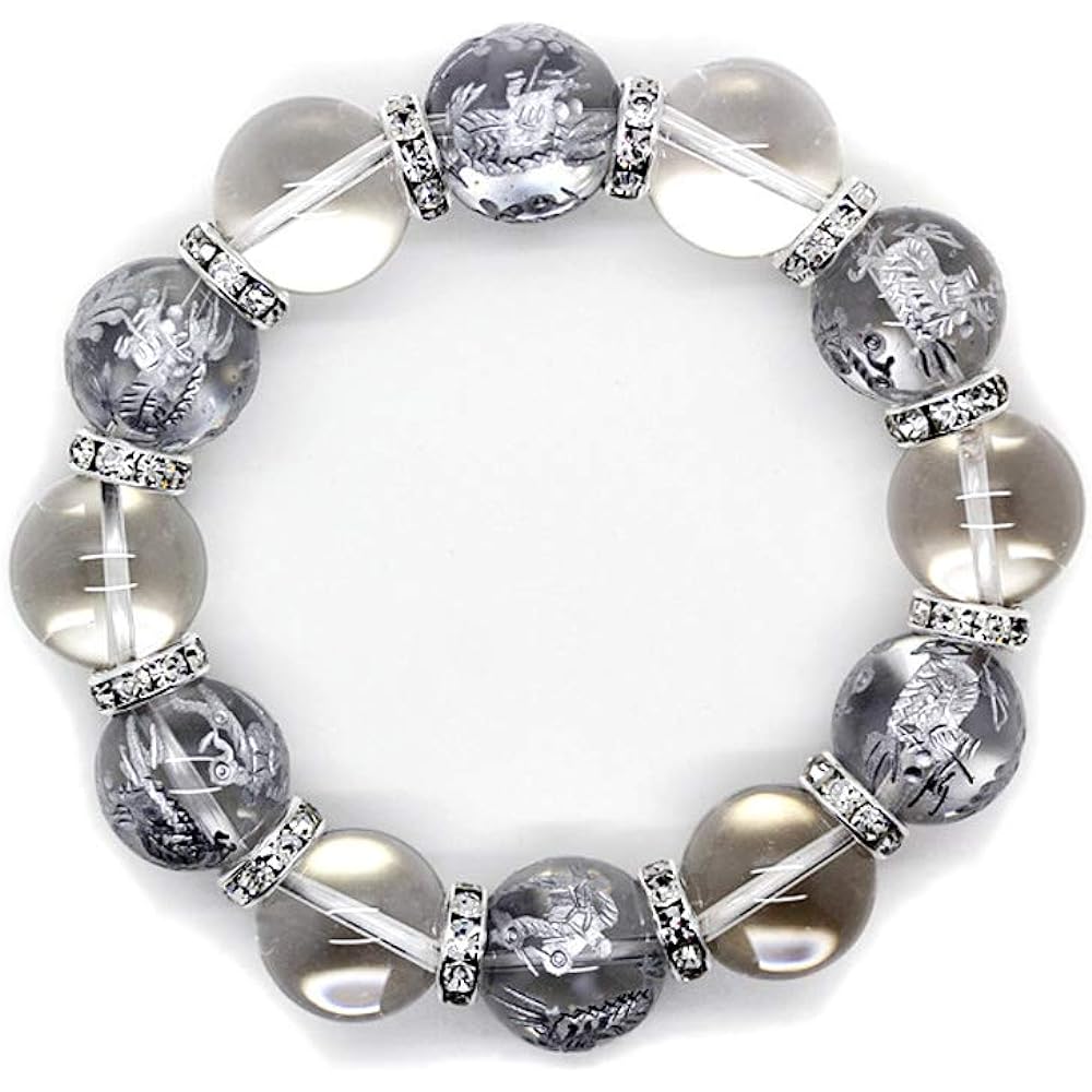 Sekiru Natural Stone Crystal 16mm Silver Engraved Four Divine Beasts Crystal 16mm Prayer Bead Bracelet Money Luck, Work Luck, Wealth Luck [b329]