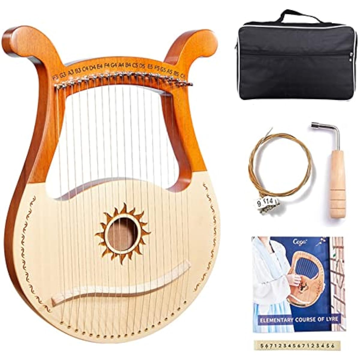 WowZza Lyra, 19 String Mahogany Wooden Stringed Instrument, Lyra with Tuning Wrench, Carry Bag, Spare Strings, Gift for Kids, Children, Adults, Beginners