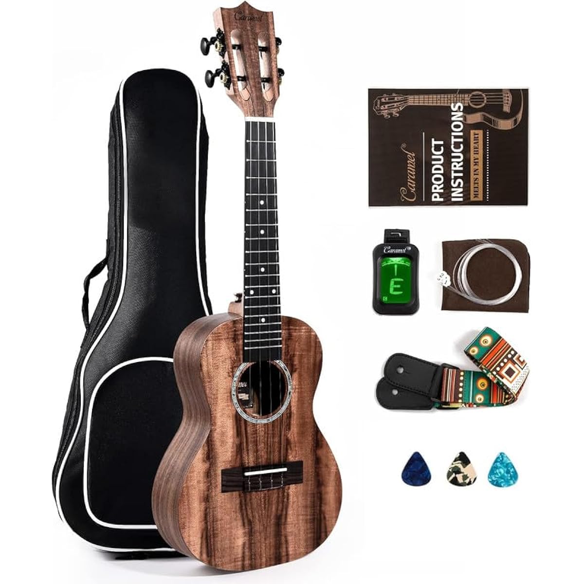 Caramel Concert Ukulele CC207-23" KOA Acacia Wood Ukulele for Adults Beginner Kit with Carbon Strings, Digital Tuner and Strap