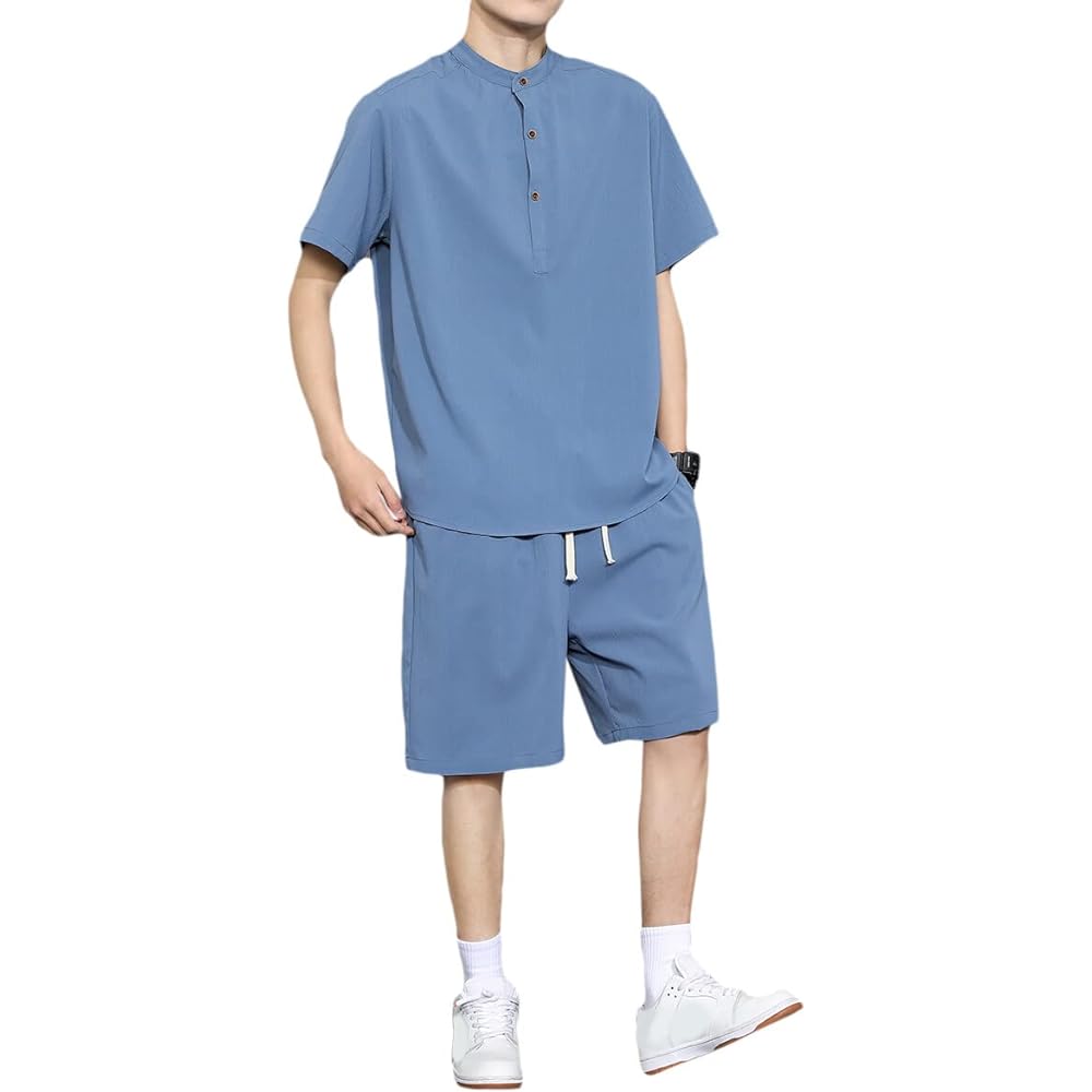 [Mirror You] Men's Jersey, Top and Bottom Set, Short Sleeve T-Shirt, Half-length Pants, Summer, Loose, Japanese Style, Plain