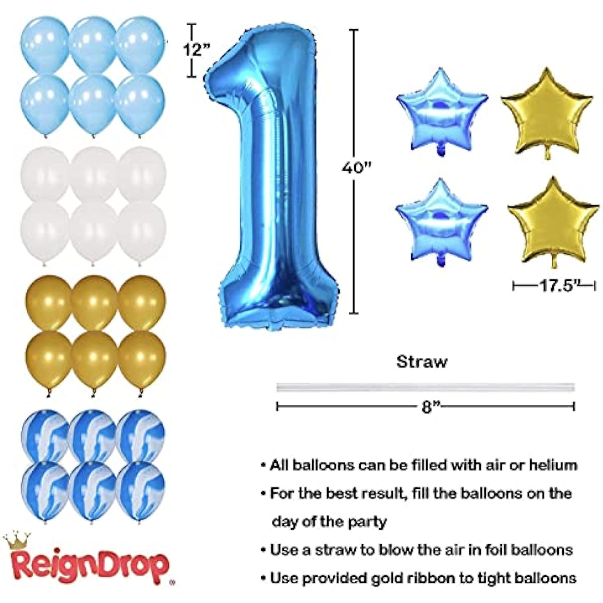 REIGNDROP Boy's First Birthday Decorations Set - First Birthday Party Supplies - Happy Birthday 12 Months Photo I am One Banner - Highchair Decorations - Includes Pom Poms, Balloons, Backdrop, Hats and More