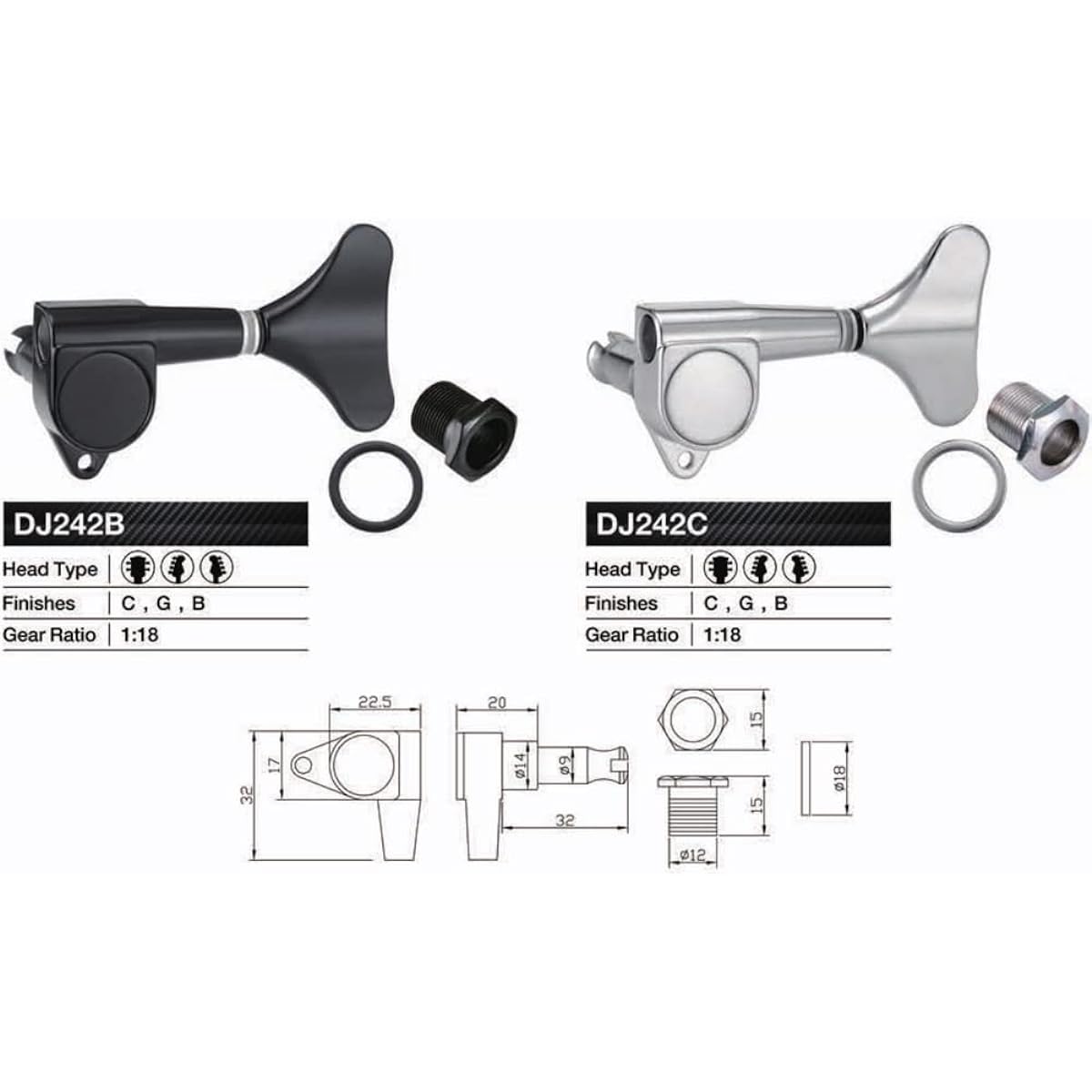 KAYNES Guitar Bass Tuner - 1:18 Ratio Chrome Silver Headstock Sealed Machine Head Tuner Closed Tuning Key Pegs for Electric Jazz Bass or Precision (4 Right Chrome)